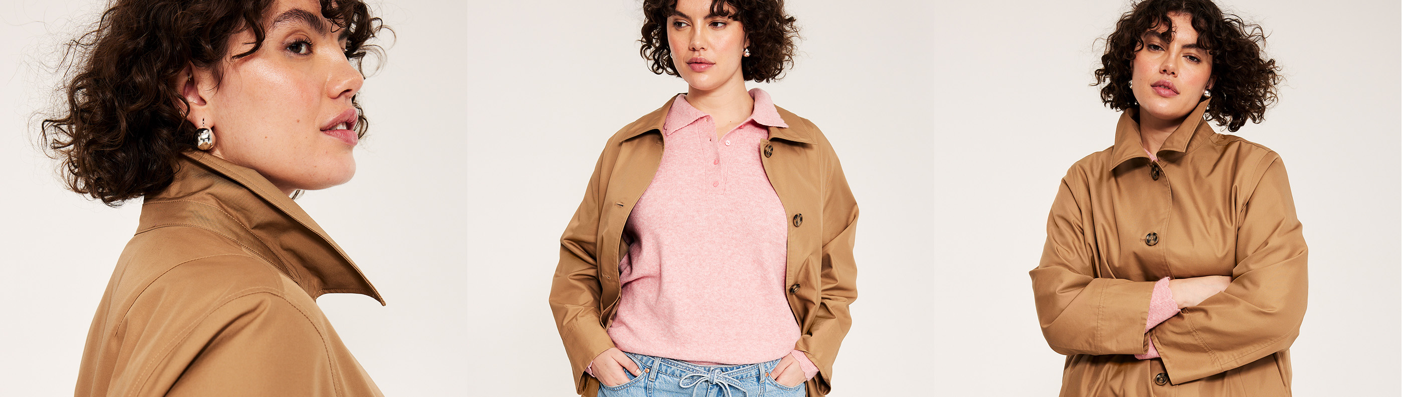 Damkläder, plus size. Kvinna i carcoat och rosa stickad tröja.