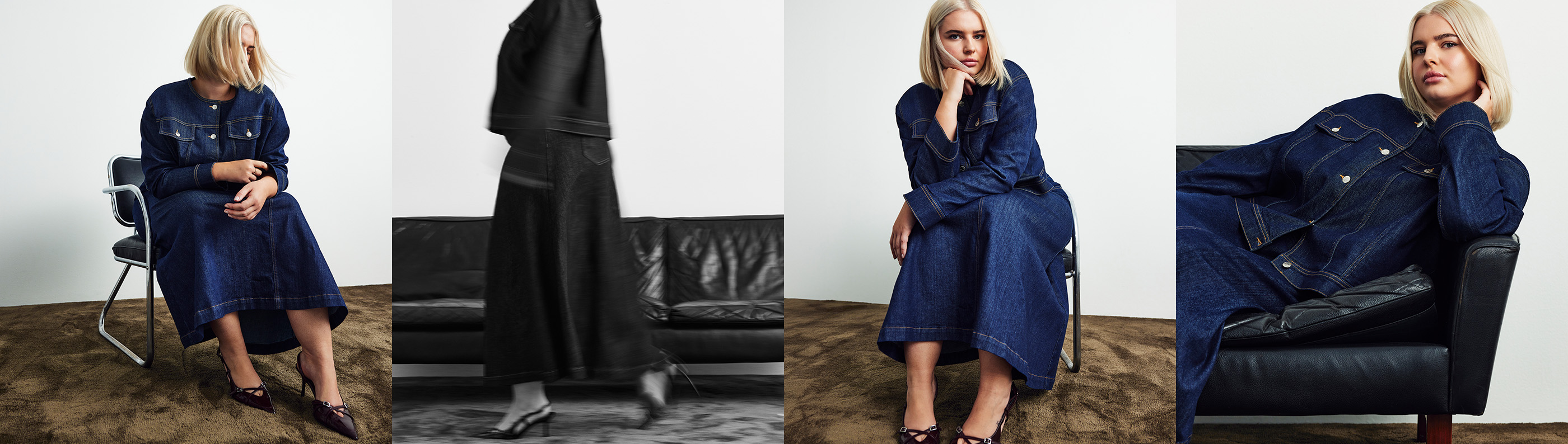 Naisten vaatteet, plus size. Nainen farkkuhameessa ja siihen sopivassa farkkutakissa