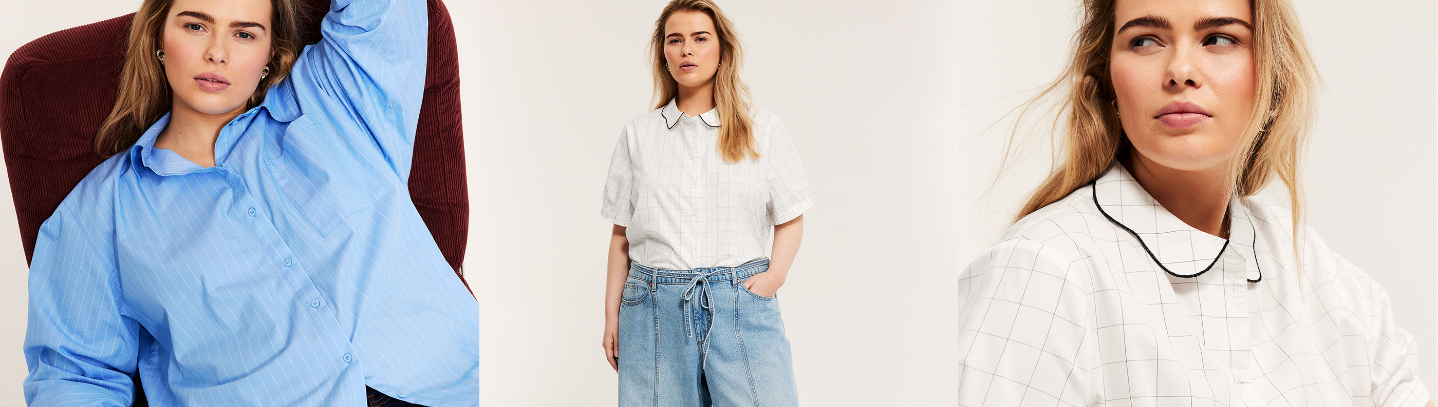 Kvinna plus size, blå skjorta och vit blus. 