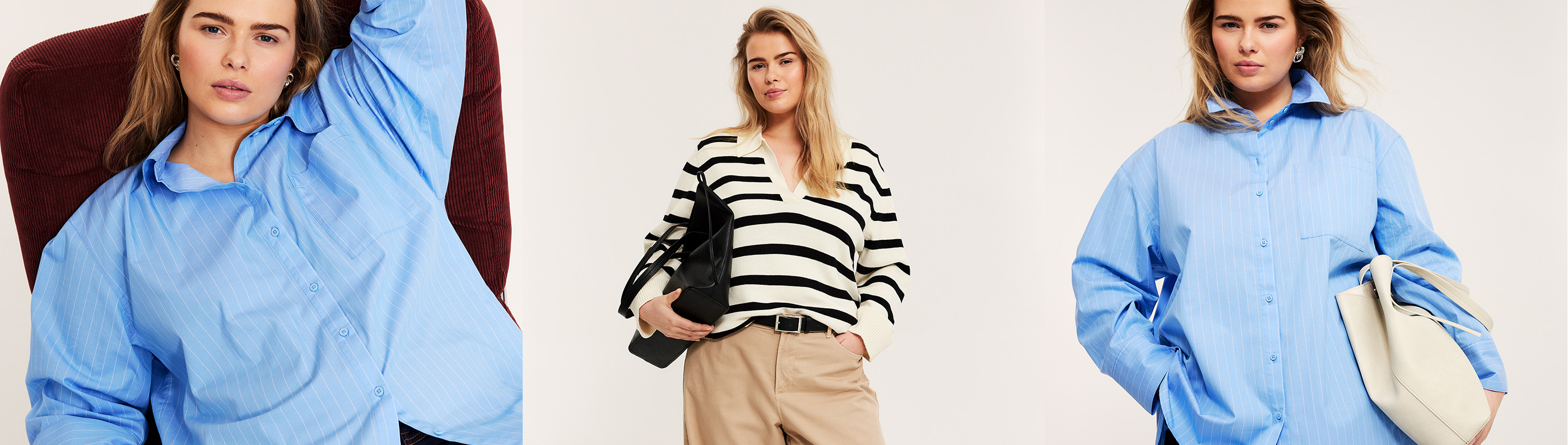 Kvinna plus size, blå skjorta och vit blus. 