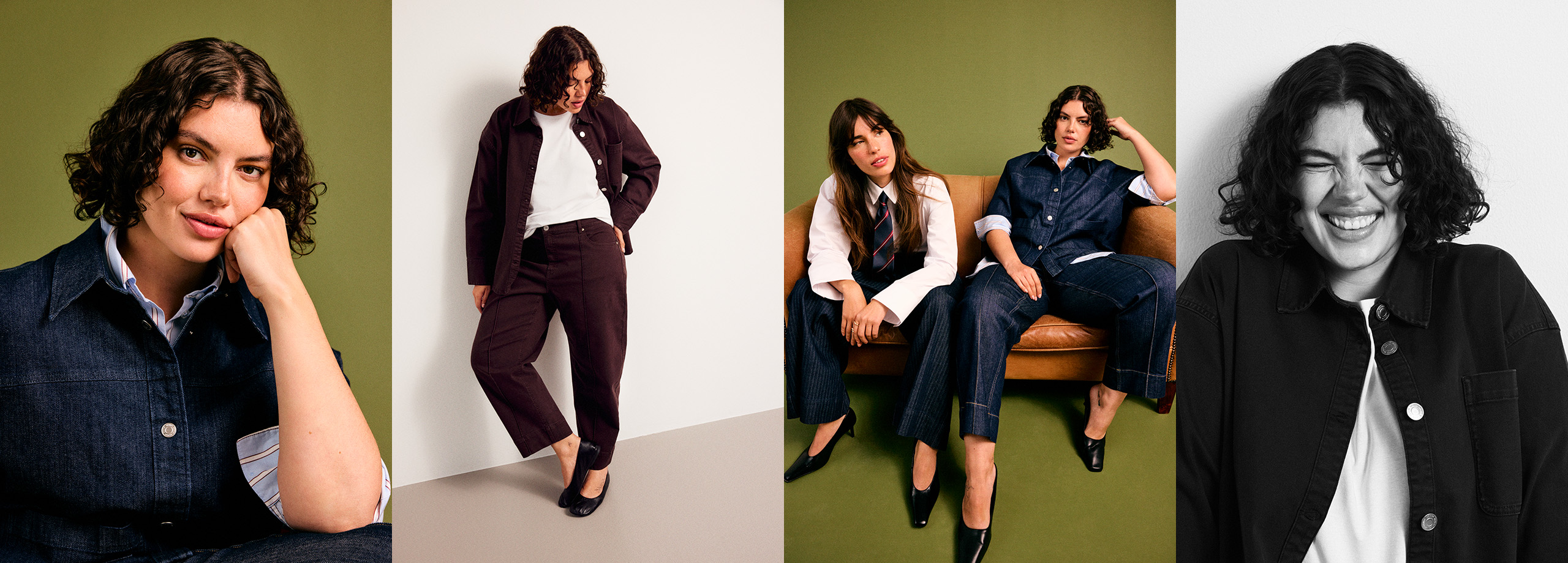 Plus size damkläder - kvinna som bär denim på denim. 