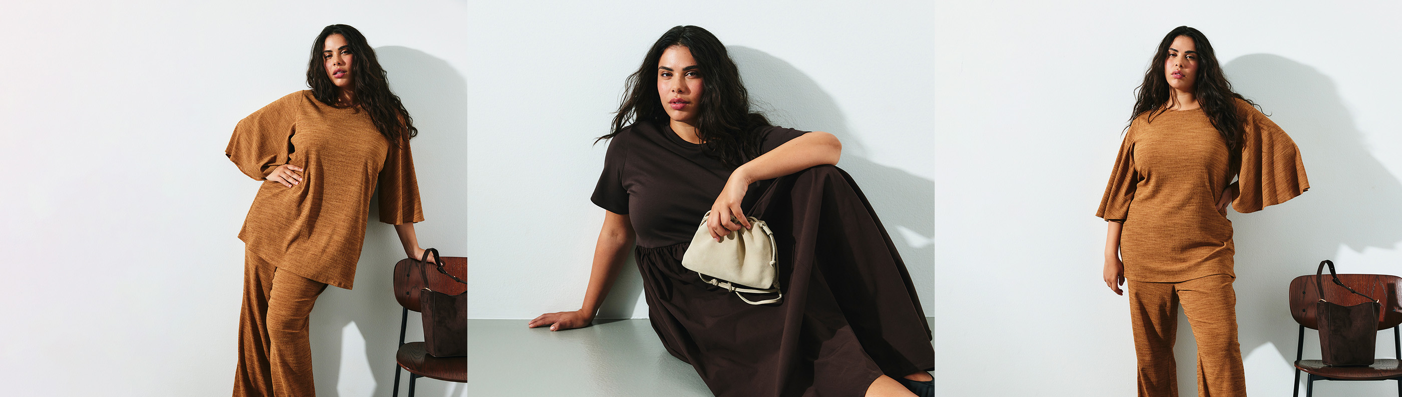 Plus size damkläder - kvinna i brun sommarklänning. 