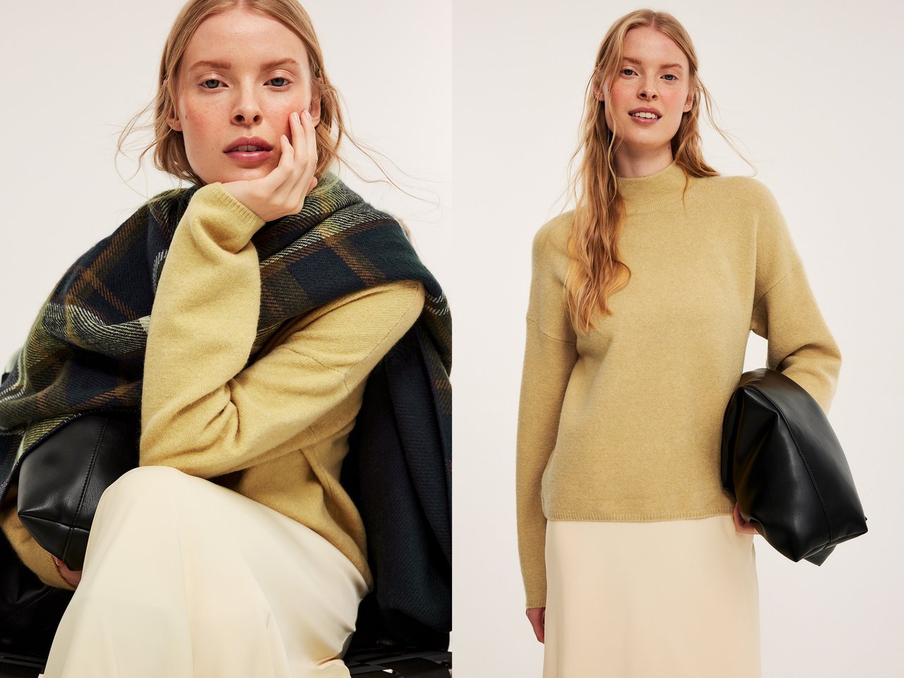 Kvinna i en gul polotröja med matchande accessoarer