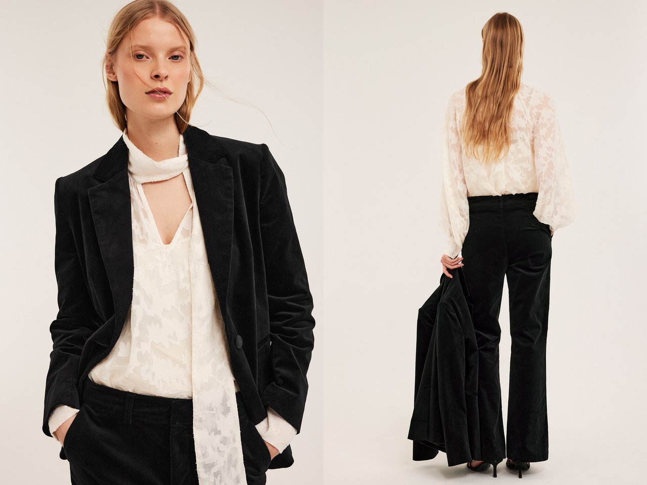 Kvinna i svart sammetskostym och en vit knytblus