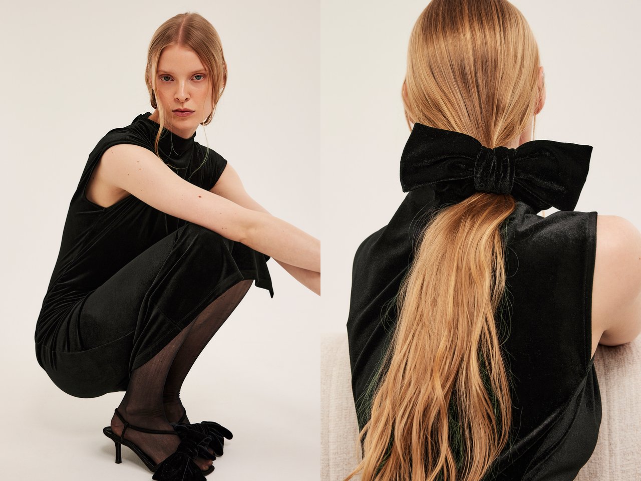 Kobieta w aksamitnej sukience i kokardce we włosach