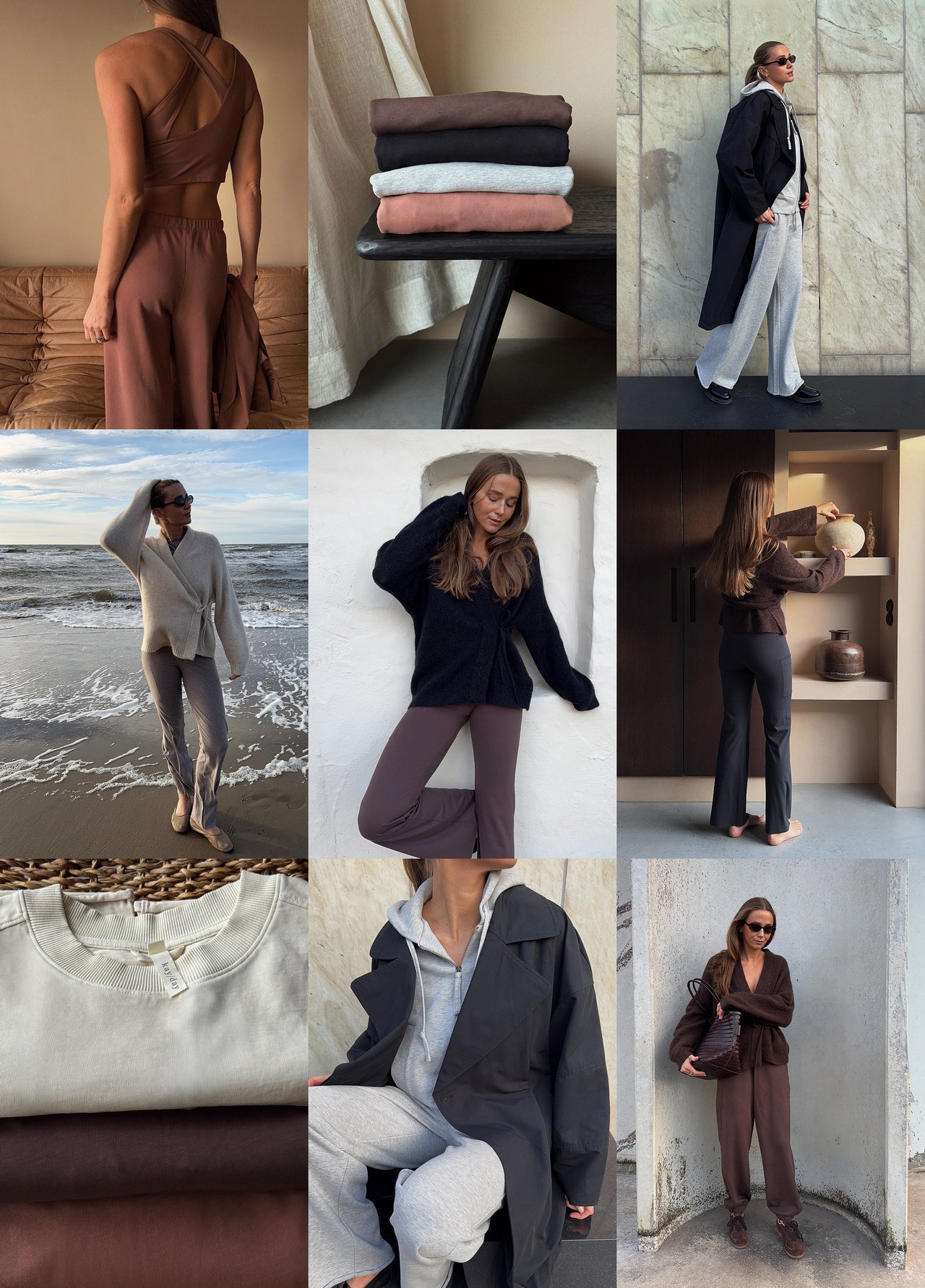 Kollage med bilder från kayday. Kläder i naturfärger och naturmaterial. 