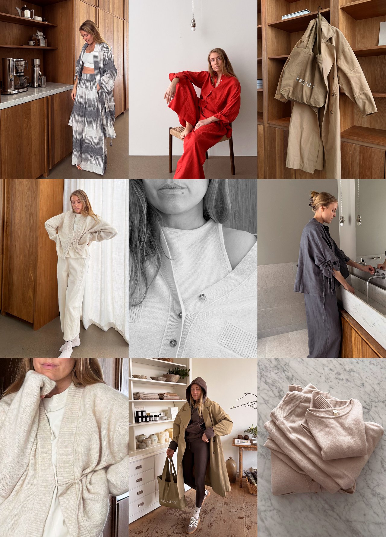 Kolaż zdjęć przedstawiających kobietę w dzianinowym kompletcie i bieliźnie damskiej. 