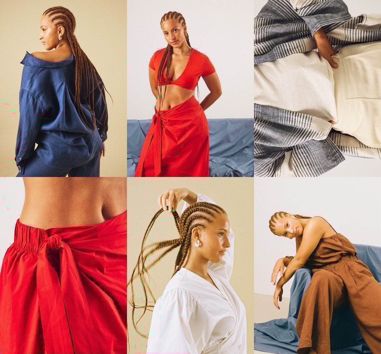 Bildesamling av kvinne i linneklær og matchende sett i bomullsblanding. 