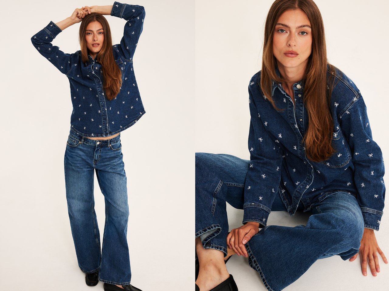 Kvinna i canadian tuxedo – jeansskjorta med broderade rosetter och mörkblåa jeans.