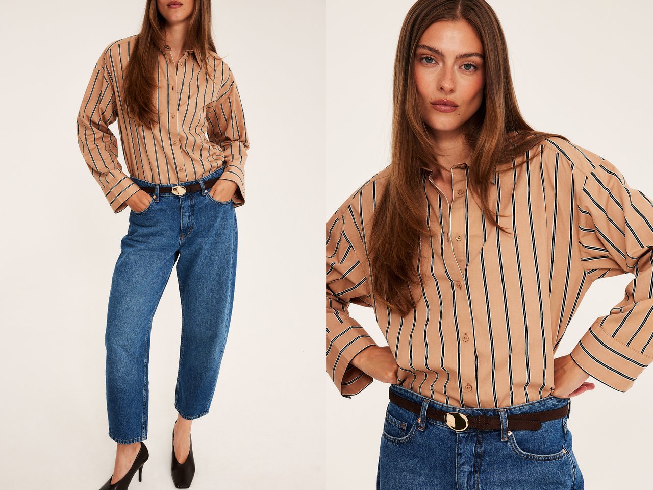 Kvinna i en beige randig skjorta matchad med barrel jeans i mörkblått