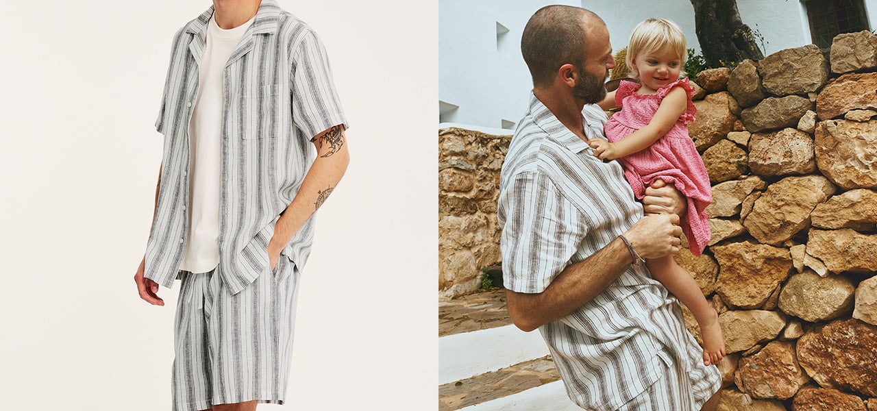 man i matchande randigt set