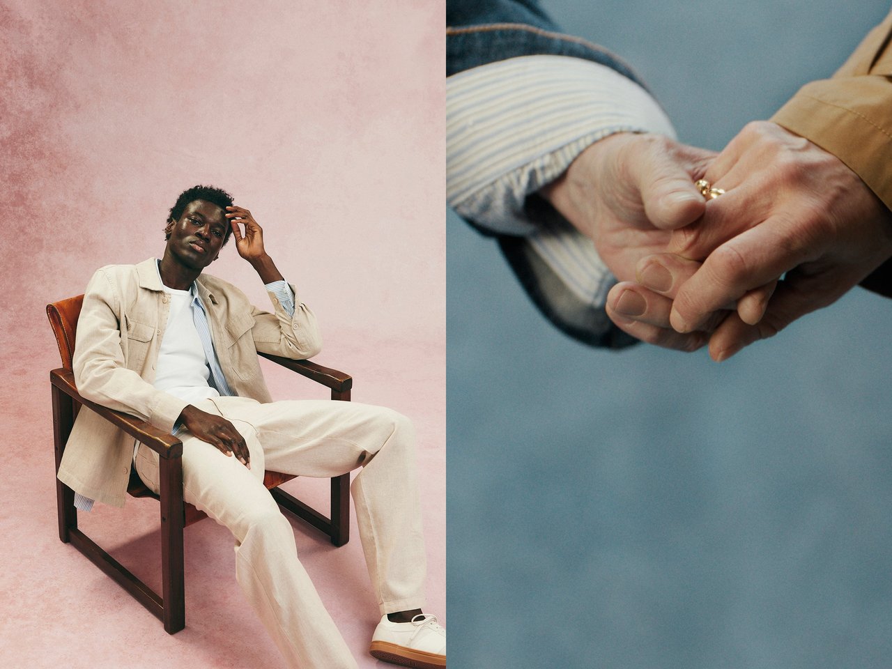 Mężczyzna siedzi na krześle, ubrany w koszulę i spodnie z mieszanki lnu. Na zdjęciu obok jego dłoń trzyma dłoń kobiety.