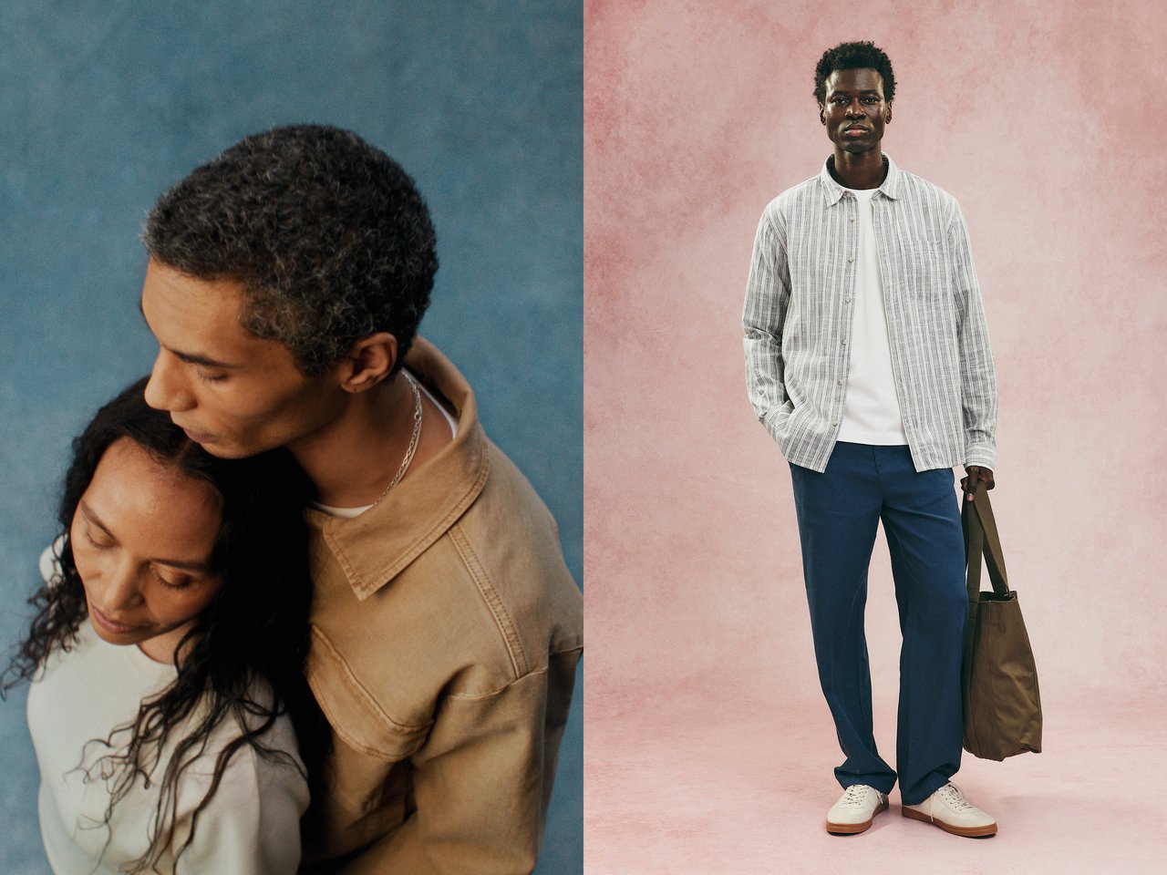 Mężczyzna w overshircie stoi obok kobiety. Mężczyzna ubrany jest w koszulę, t-shirt i lniane spodnie. Trzyma w ręku torbę typu tote.