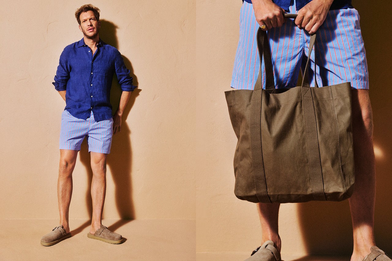 Man med blå linneskjort, blå shorts.
