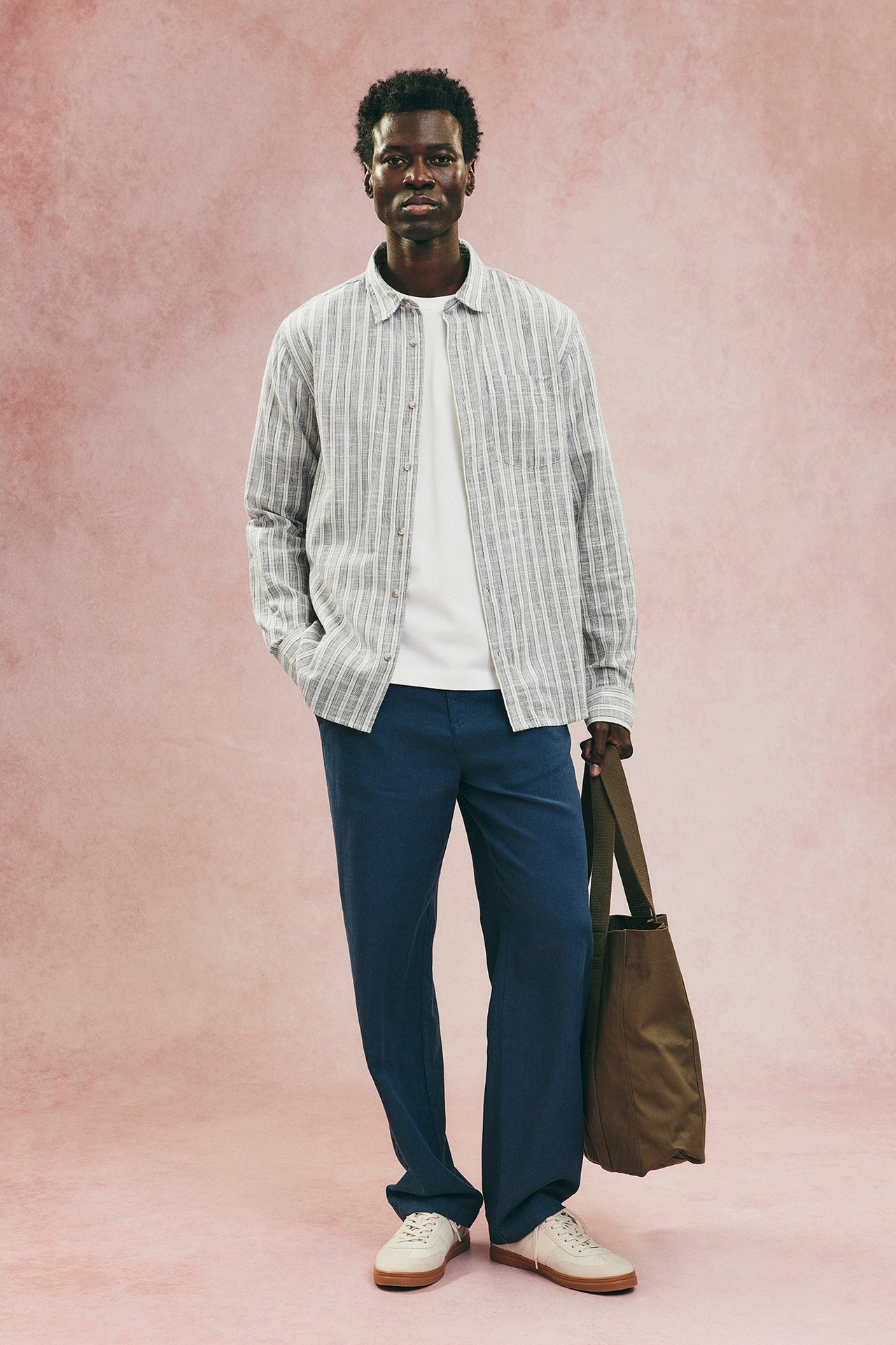 Miesten vaatteet: mies, jolla on raidallinen puuvillapaita ja siniset linnehousut. Hänellä on kädessään kangaskassi.