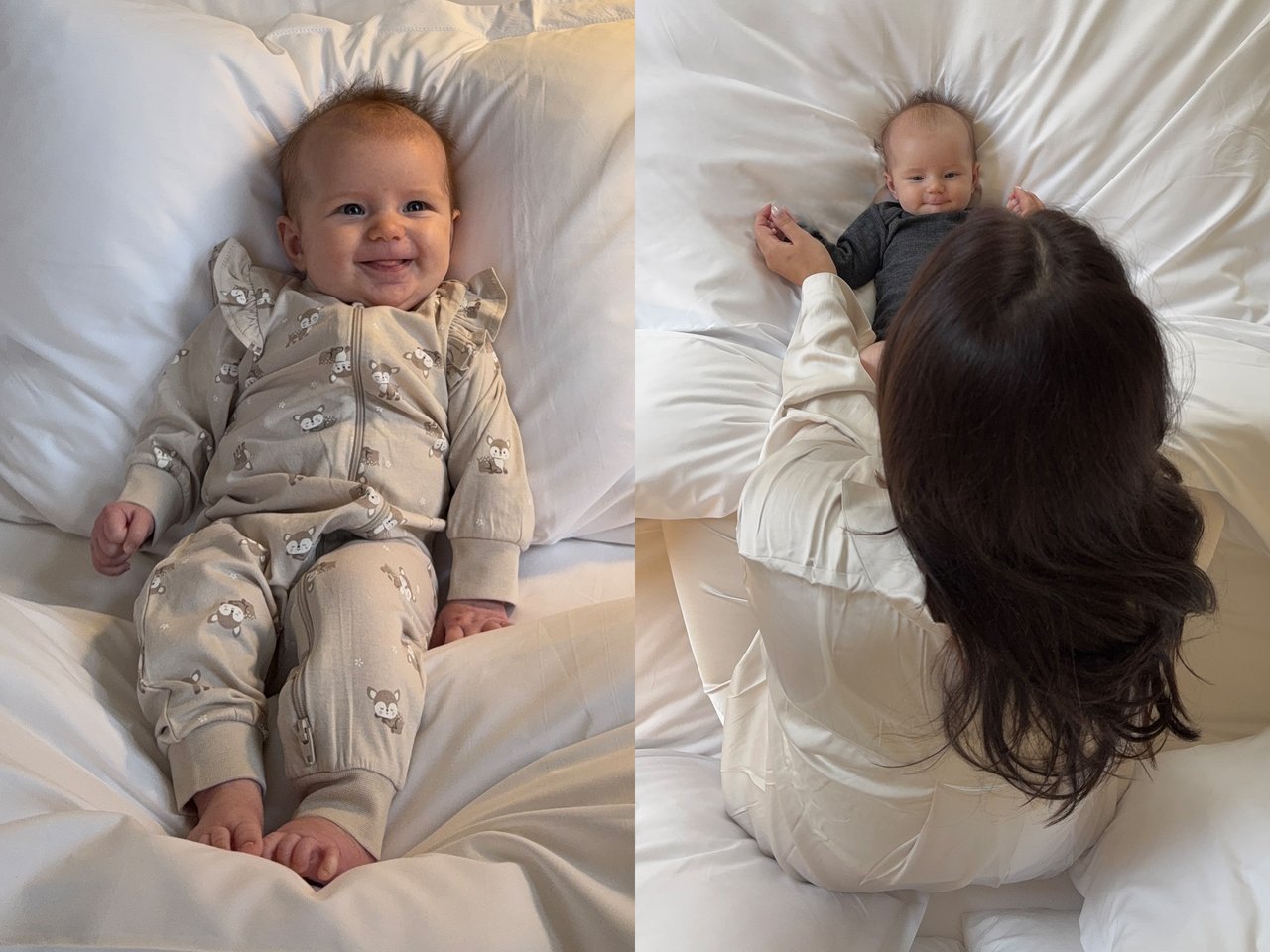 Mamma och bebis som myser tillsammans i sängen klädd i kläder från kappahl.