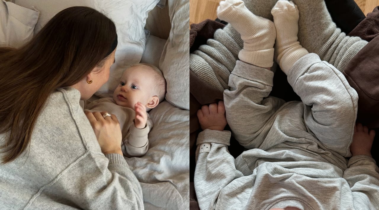 Niemowlę i matka ubrane w ubranka marki Kappahl w odcieniach szarości.