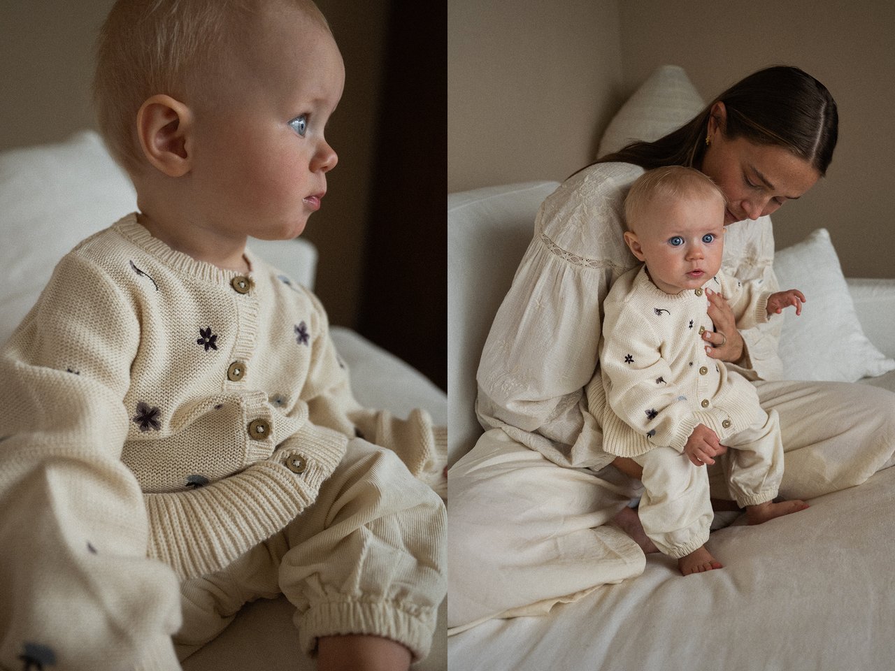 Mamma som kramar sin bebis sittandes i sängen.