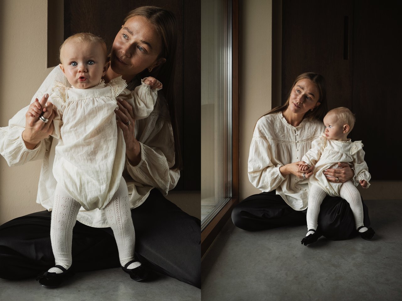 Mamma och bebis sittandes tillsammans och kollar ut genom fönstret.