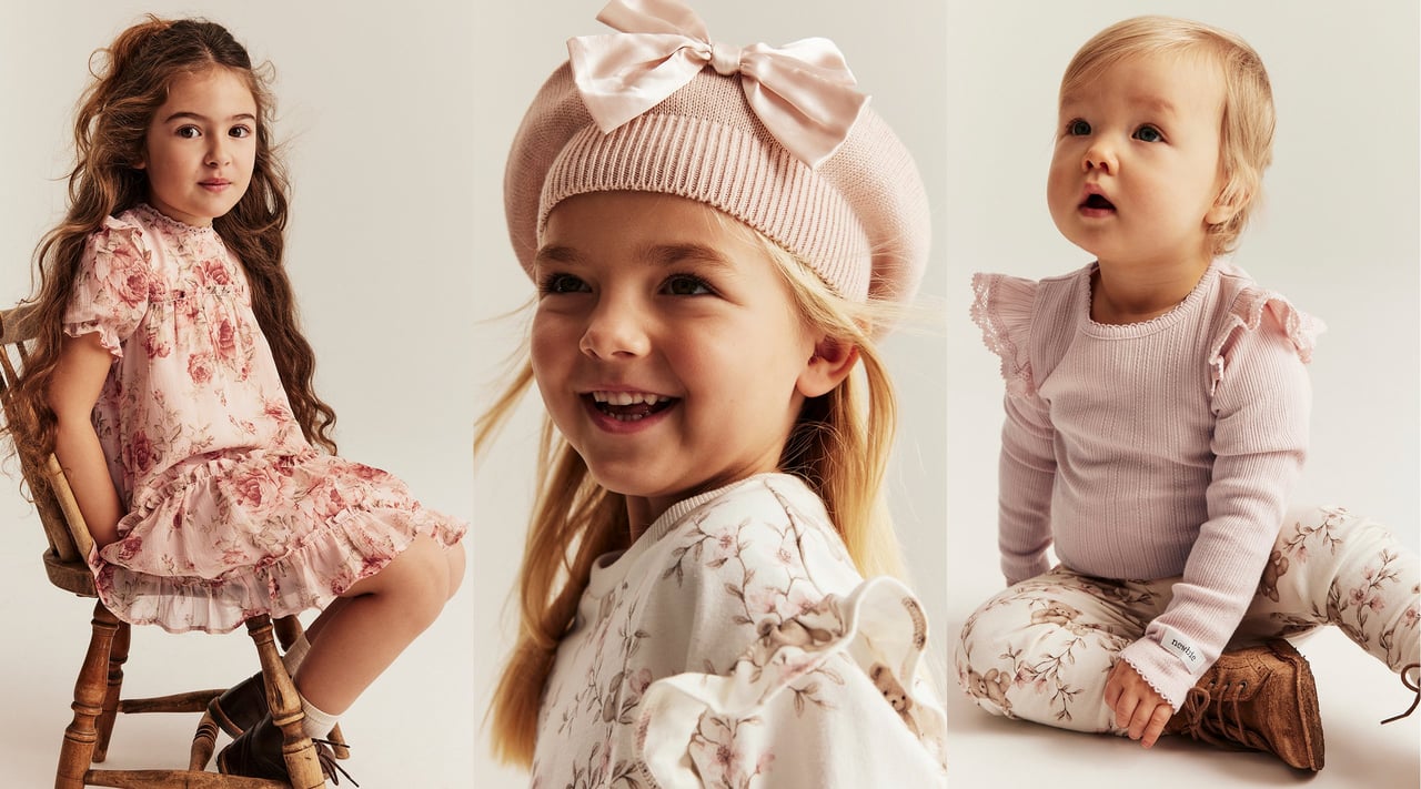 Barn klädda i vårnyheter i rosa toner från Newbie.