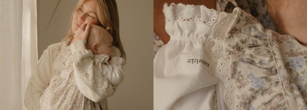 Mama i maluch razem ubrani w kwieciste stroje od Newbie.