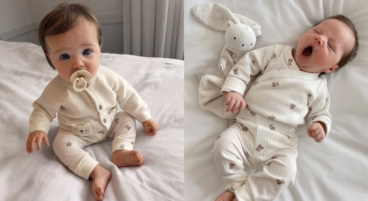 Niemowlę ubrane w ubrania z kolekcji noworodkowej Newbie.