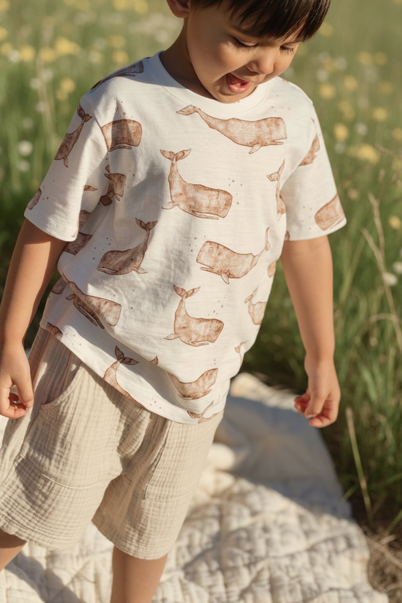 Litet barn sittandes på golvet med ett stort leende, klädd i tröja och byxor från Newbie.