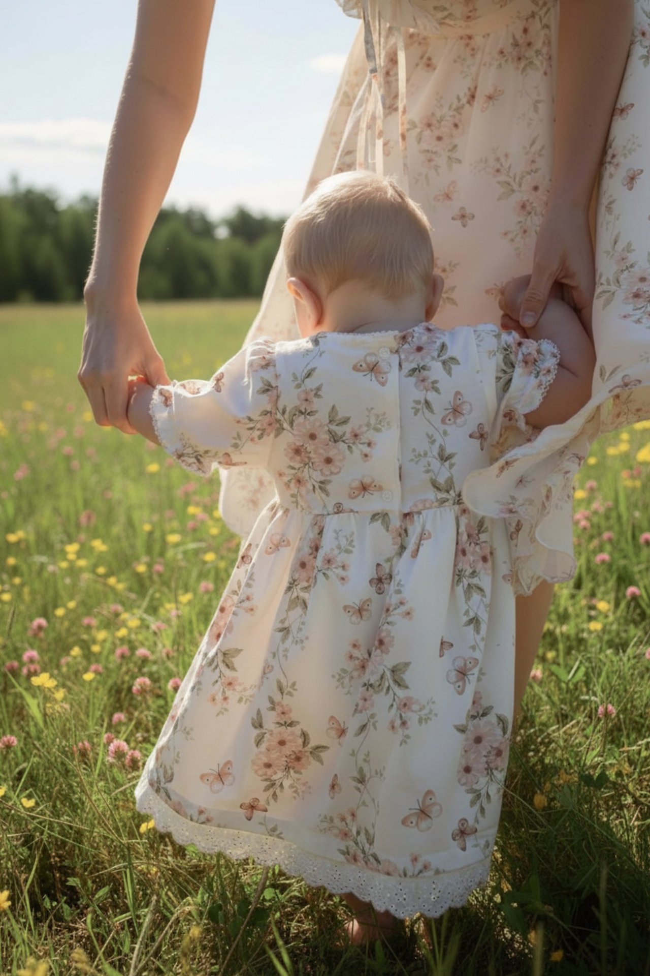 Barn klädd i blommig jumpsuit från Newbie, står på en stol.