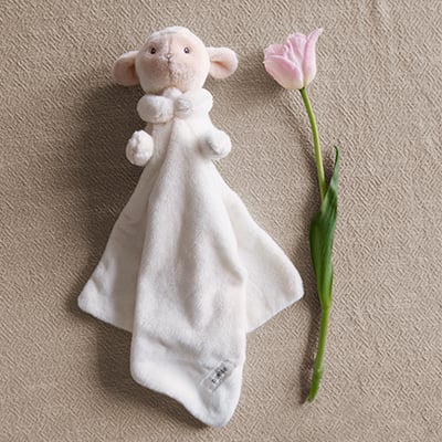 Pluszowy miś od Newbie obok różowej róży.