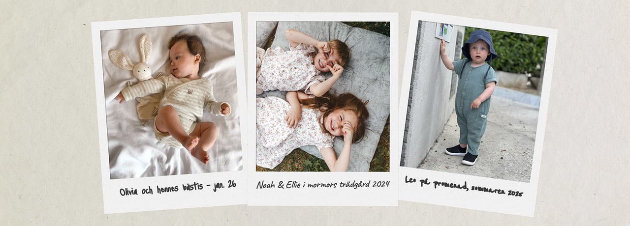 Bildserie med polaroidbilder som visar barn i Newbie-kläder i olika vardagssituationer genom åren.