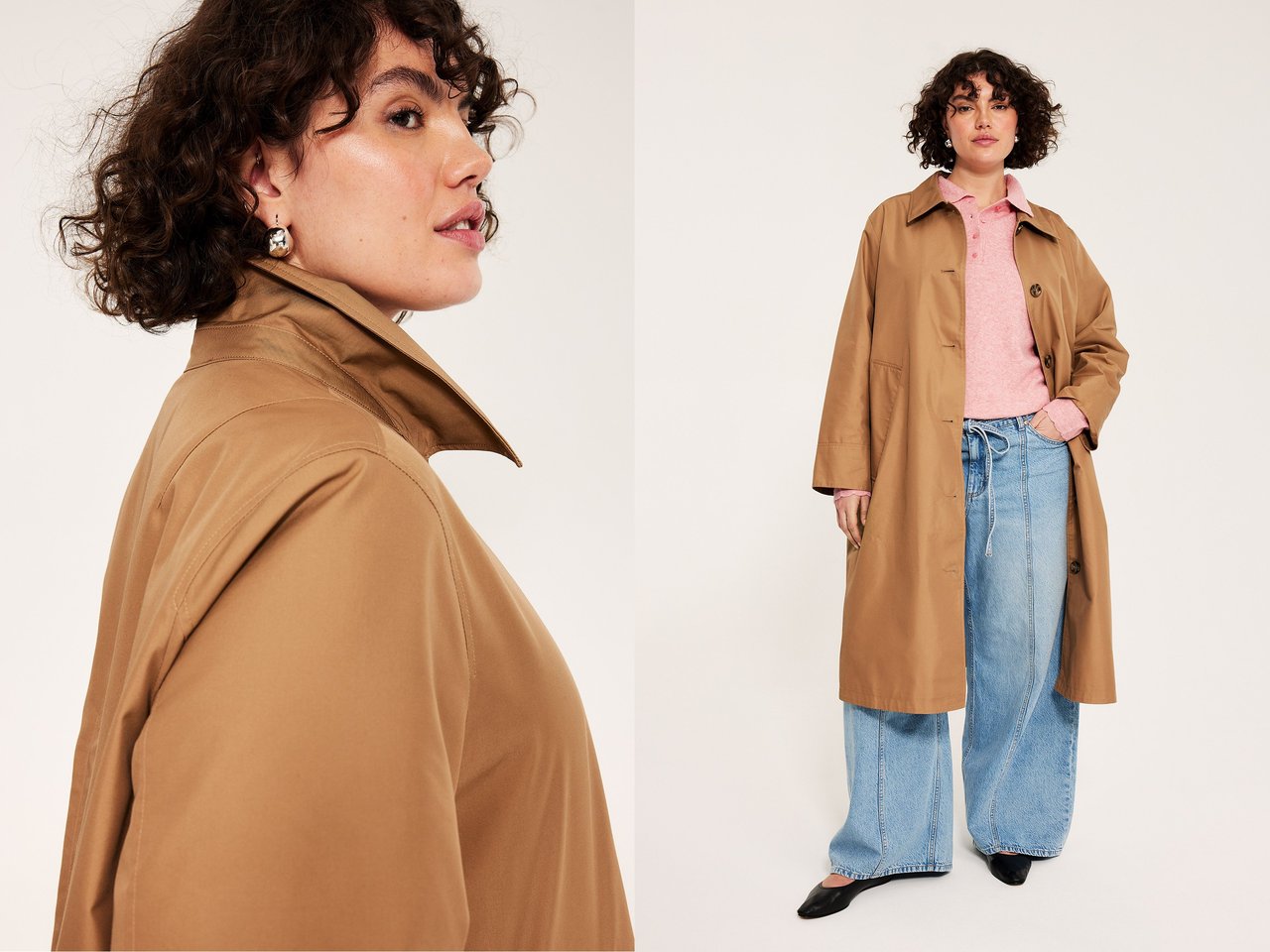 Nainen, plus size, leveät farkut, vaaleanpunainen neulepusero ja carcoat.