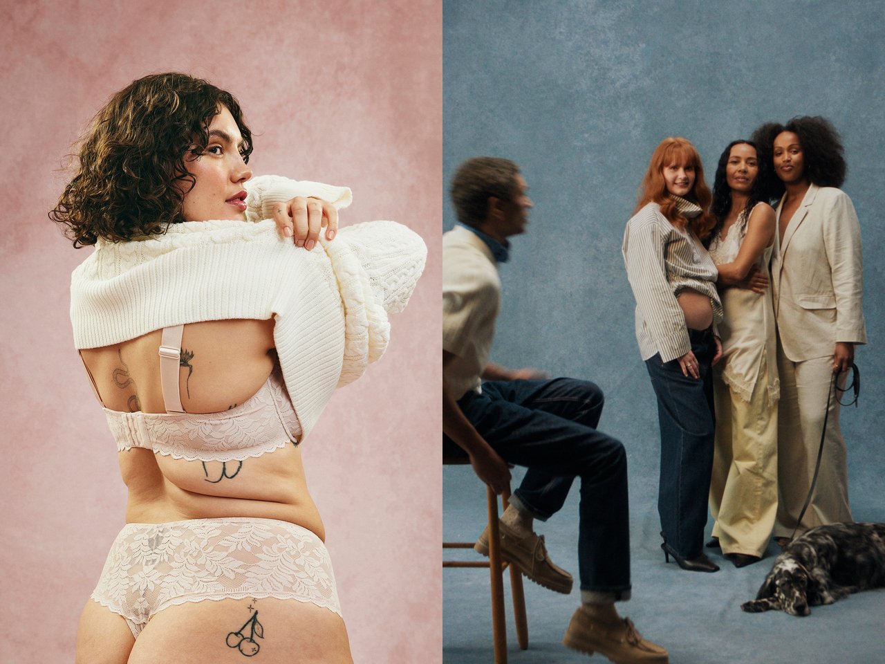 Odzież damska w dużych rozmiarach, kobieta w koronkowej bieliźnie. Zdjęcie grupowe obok.