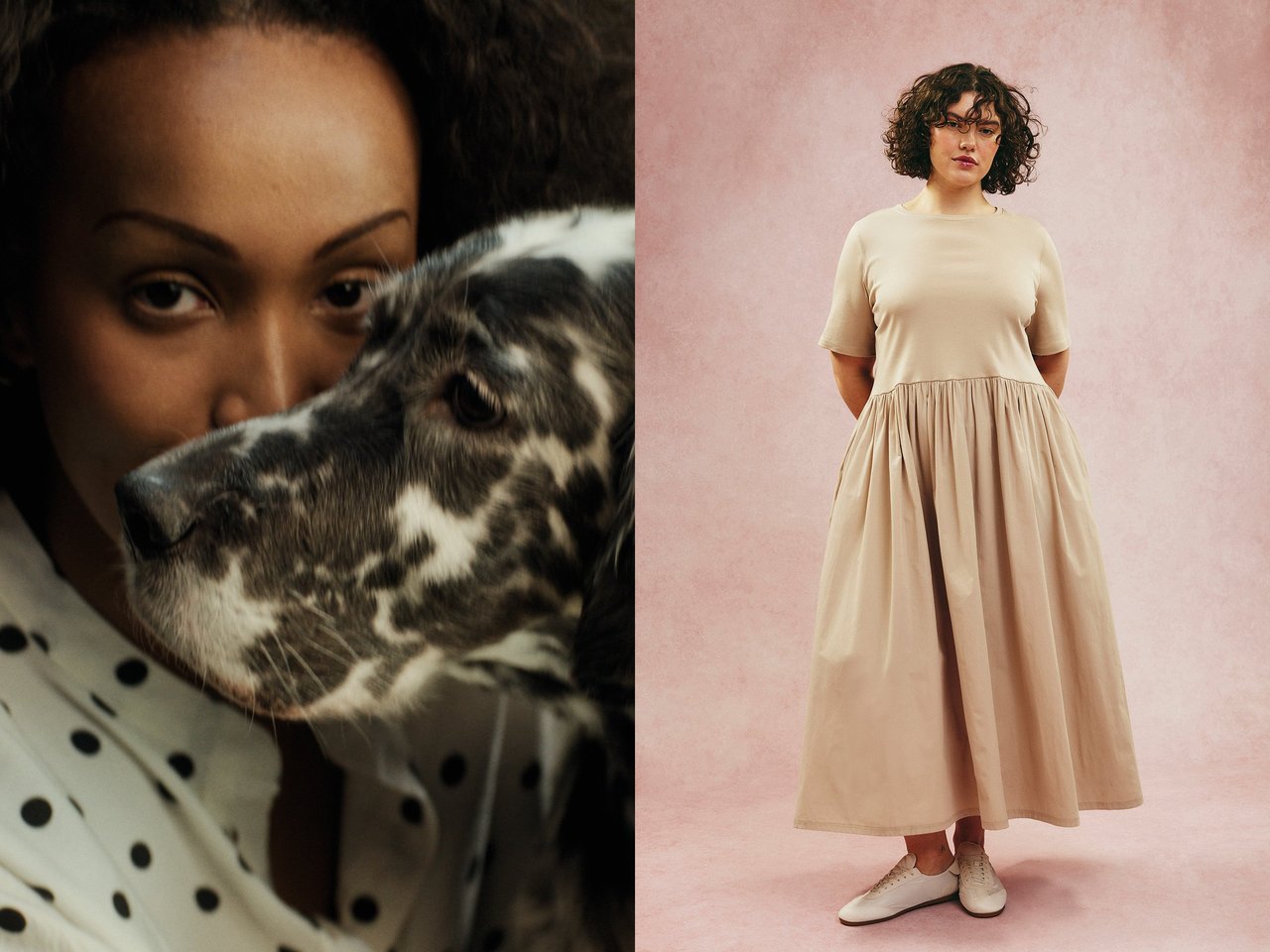 Odzież damska w dużych rozmiarach. Beżowa długa sukienka. Zdjęcie kobiety w bluzce w kropki i prawdziwego psa.