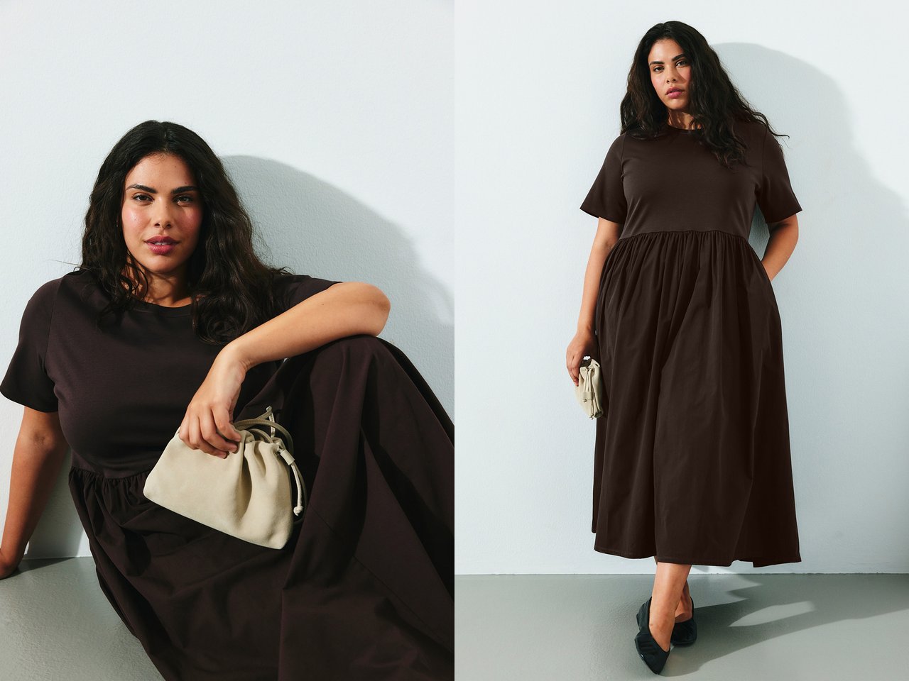 Plus size damkläder. Kvinna i mörkbrun sommarklänning med ljus mockaväska.