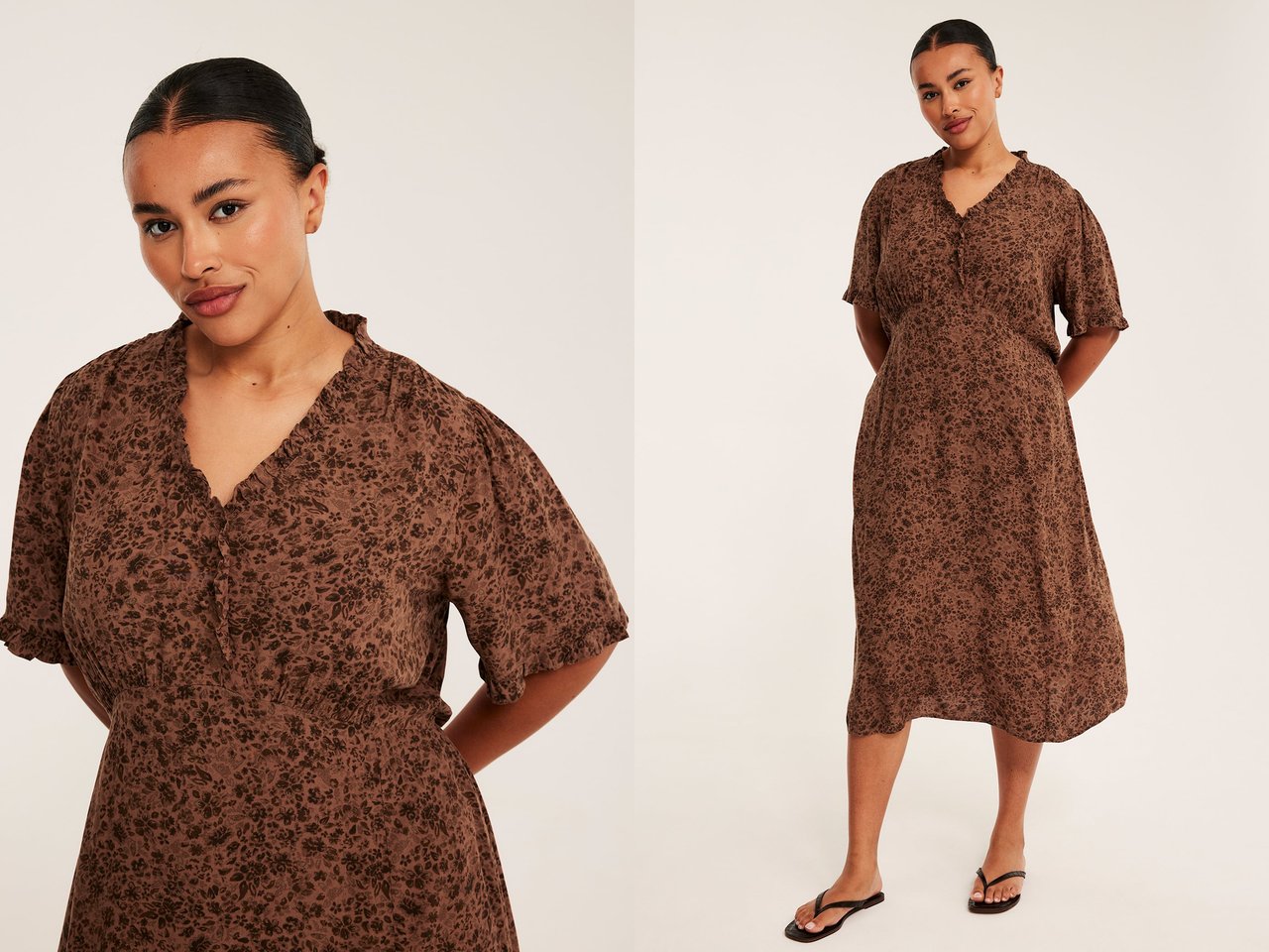Plus size damkläder. Kvinna i brunmönstrad klänning.