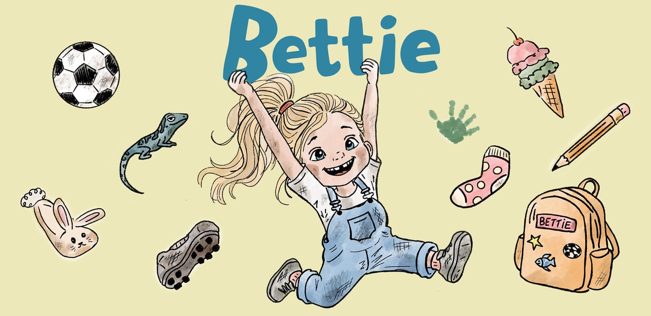 En illustrerad bild på bokkaraktären Bettie med olika prylar omkring.