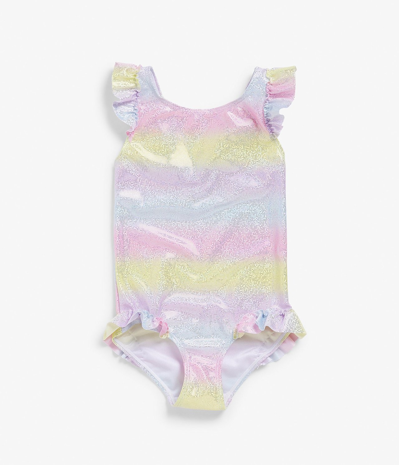 Widok z przodu dziecięcego brokatowego tęczowego stroju kąpielowego z falbankami na ramionach i nogawkach.