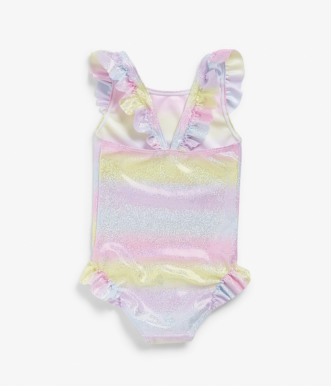 Widok z przodu: brokatowy, pastelowy tęczowy strój kąpielowy dla dziecka z falbankami na ramionach i nogawkach.