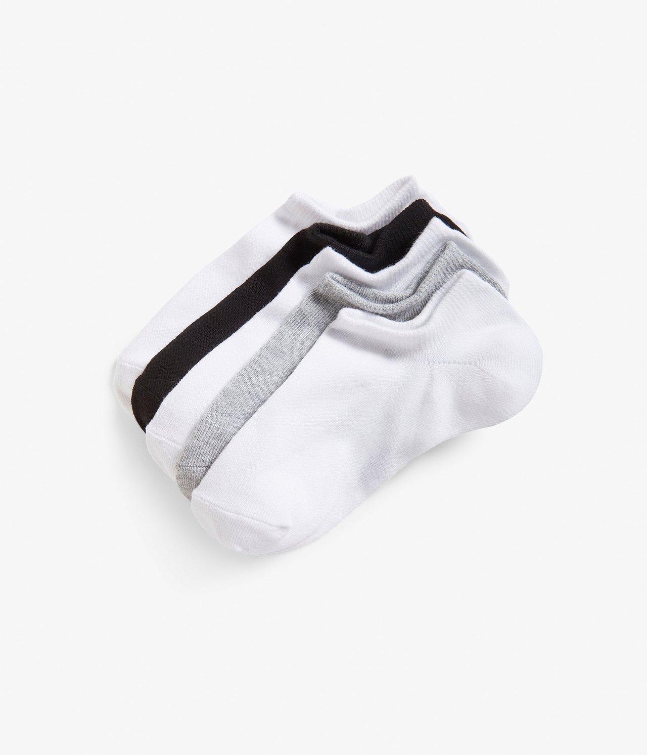 Widok z góry na 5-pak jednokolorowych skarpetek w kolorach białym, czarnym i szarym melanżu bawełnianym.