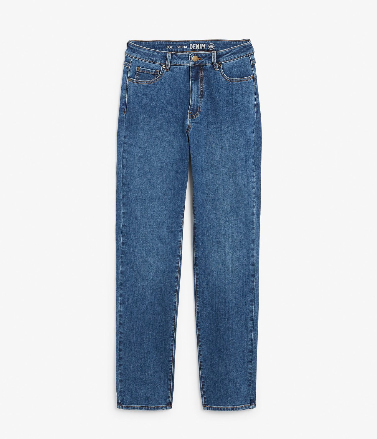 Edestä näkymä sinisistä denim-suorista farkuista, joissa korkea vyötärö, pitkä lahje ja 5-taskumalli.