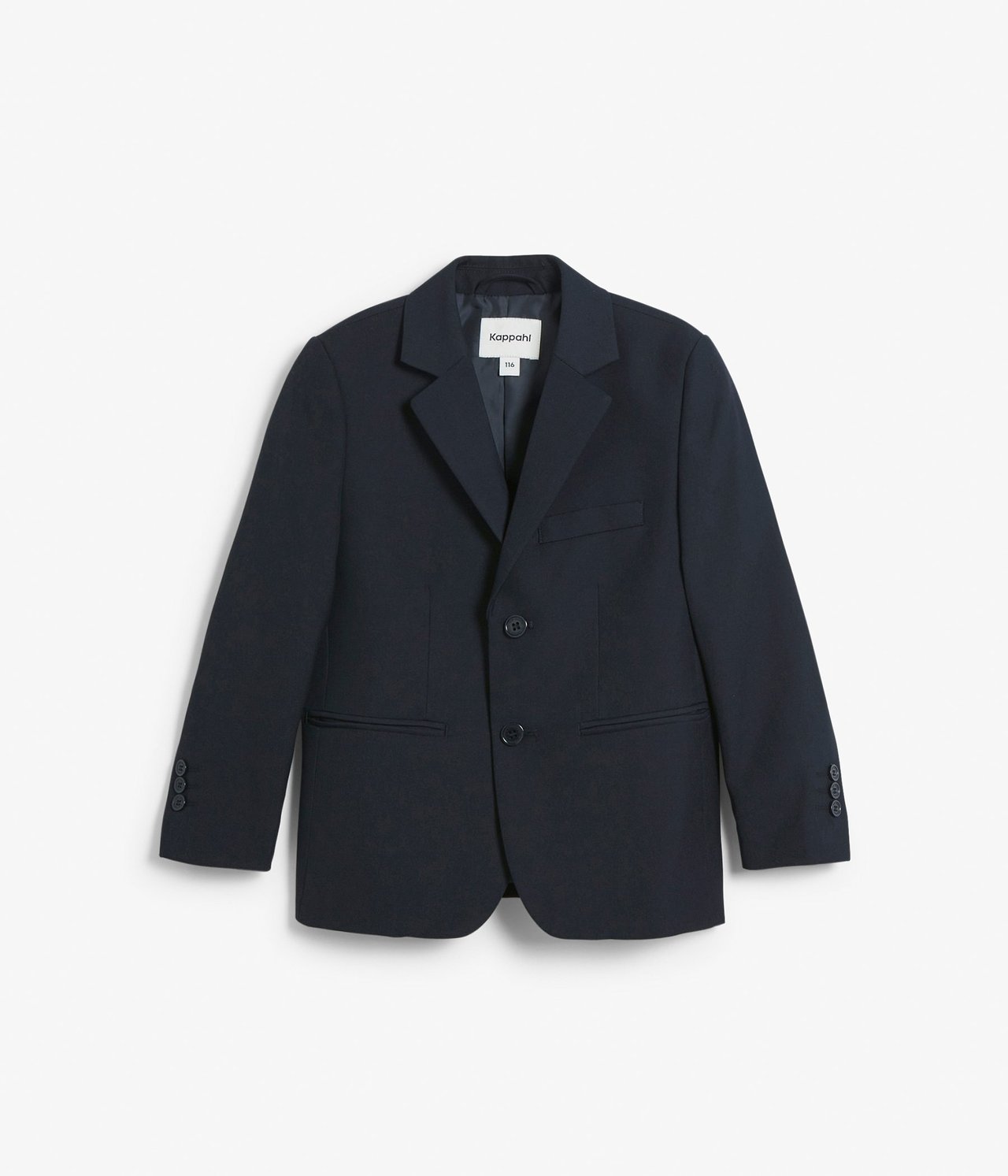 Edestä näkymä tummansinisestä yksivärisestä lasten bleiseristä, jossa kaksi nappia ja kolme teretaskua.