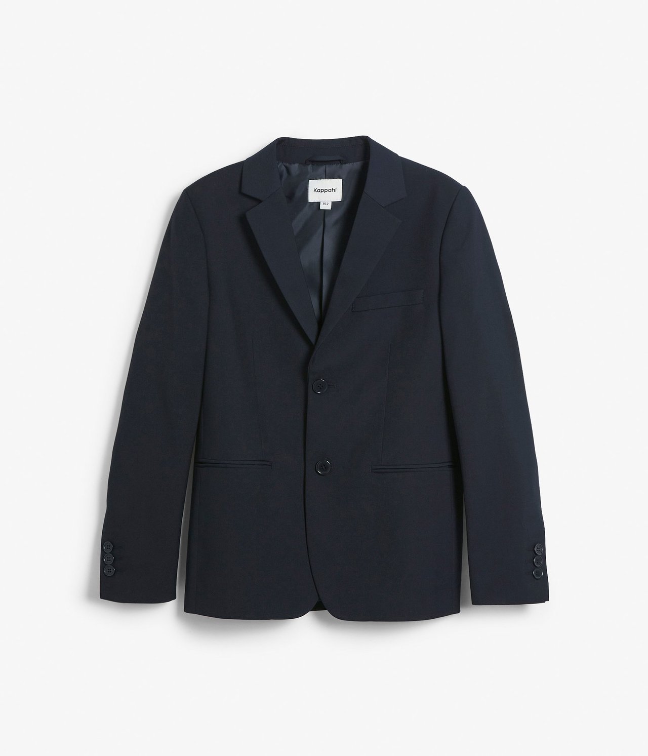 Edestä tummansininen lasten bleiseri, jossa kaksi etunappia ja kolme teretaskua.