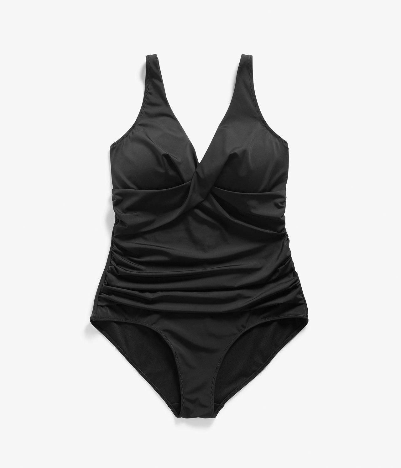 Widok z przodu czarnego jednoczęściowego kostiumu kąpielowego z dekoltem V i marszczonymi bokiem.