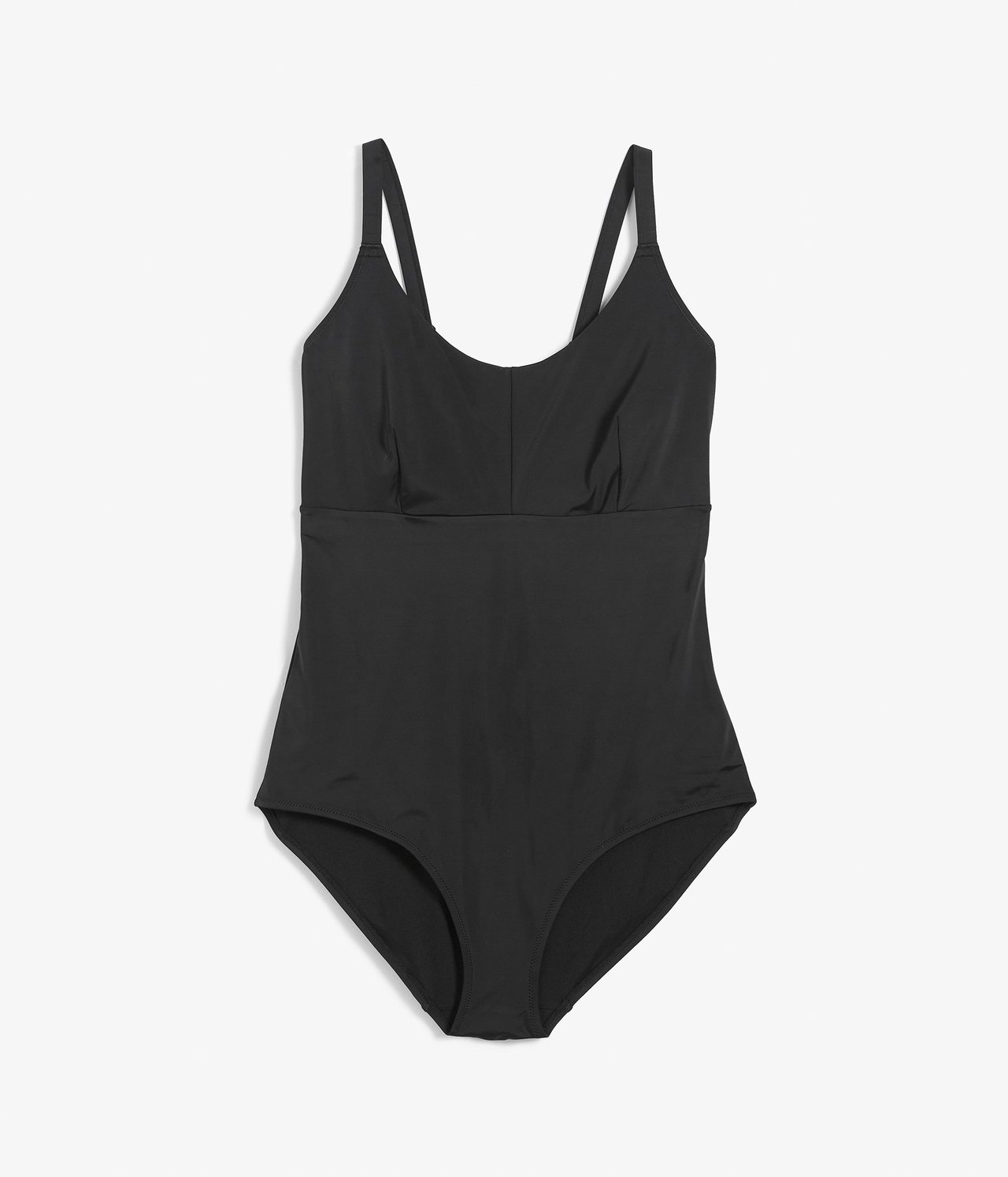 Widok z przodu czarnego nieusztywnianego kostiumu kąpielowego z okrągłym dekoltem i regulowanymi ramiączkami.