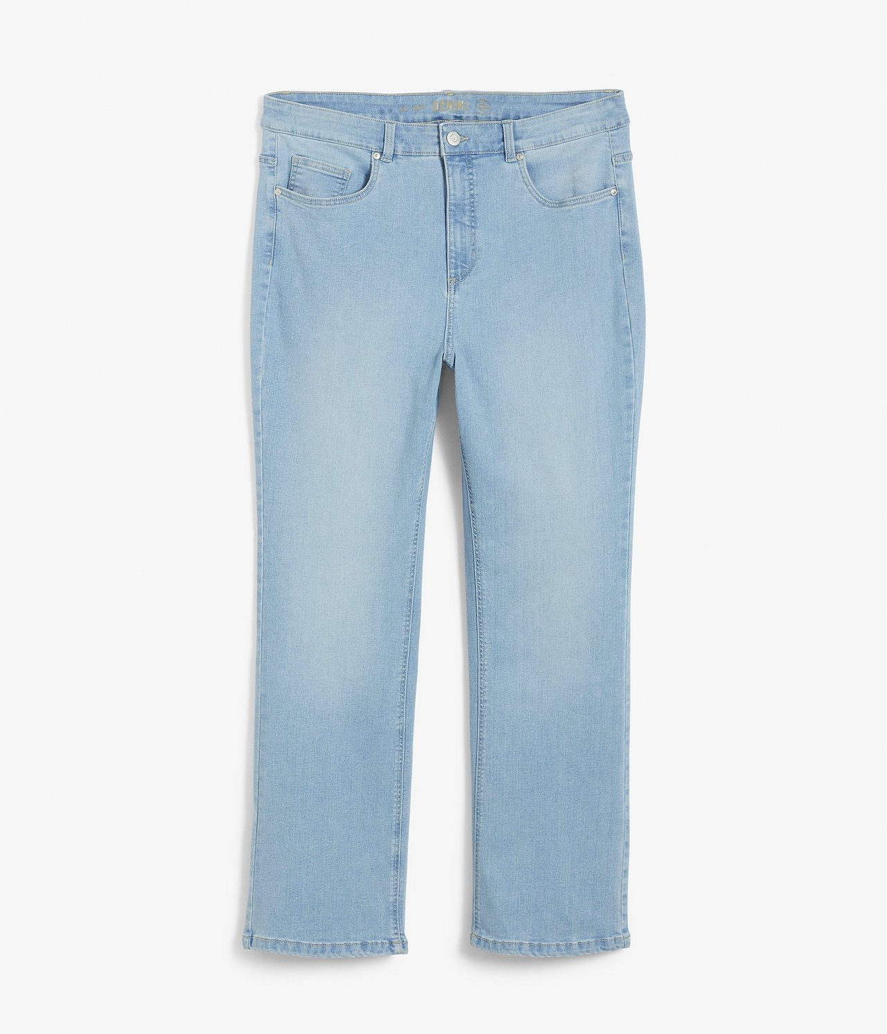 Widok z przodu jasnoniebieskich dżinsów bootcut z wysokim stanem i klasycznym pięciokieszeniowym fasonem.
