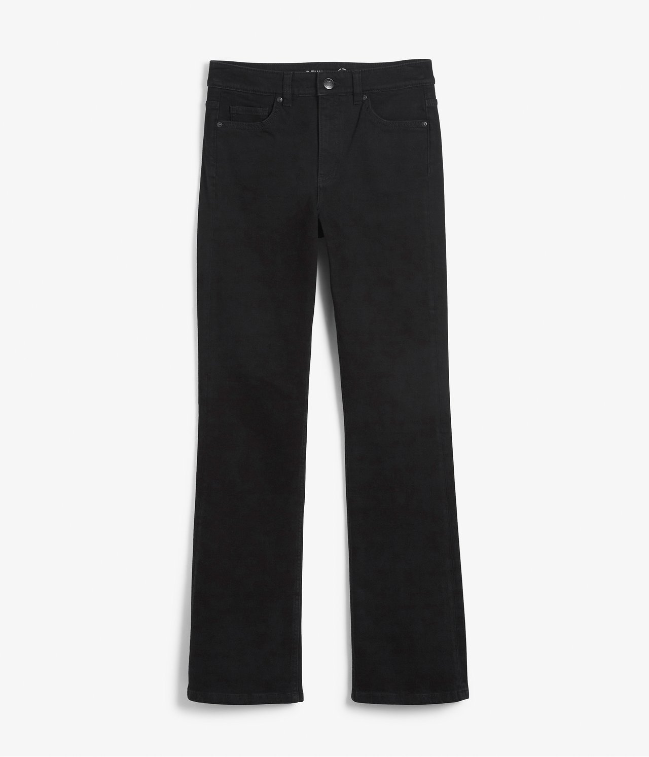 Frontvy av svarta dam-flarejeans med normalhög midja och klassisk 5-ficksmodell.