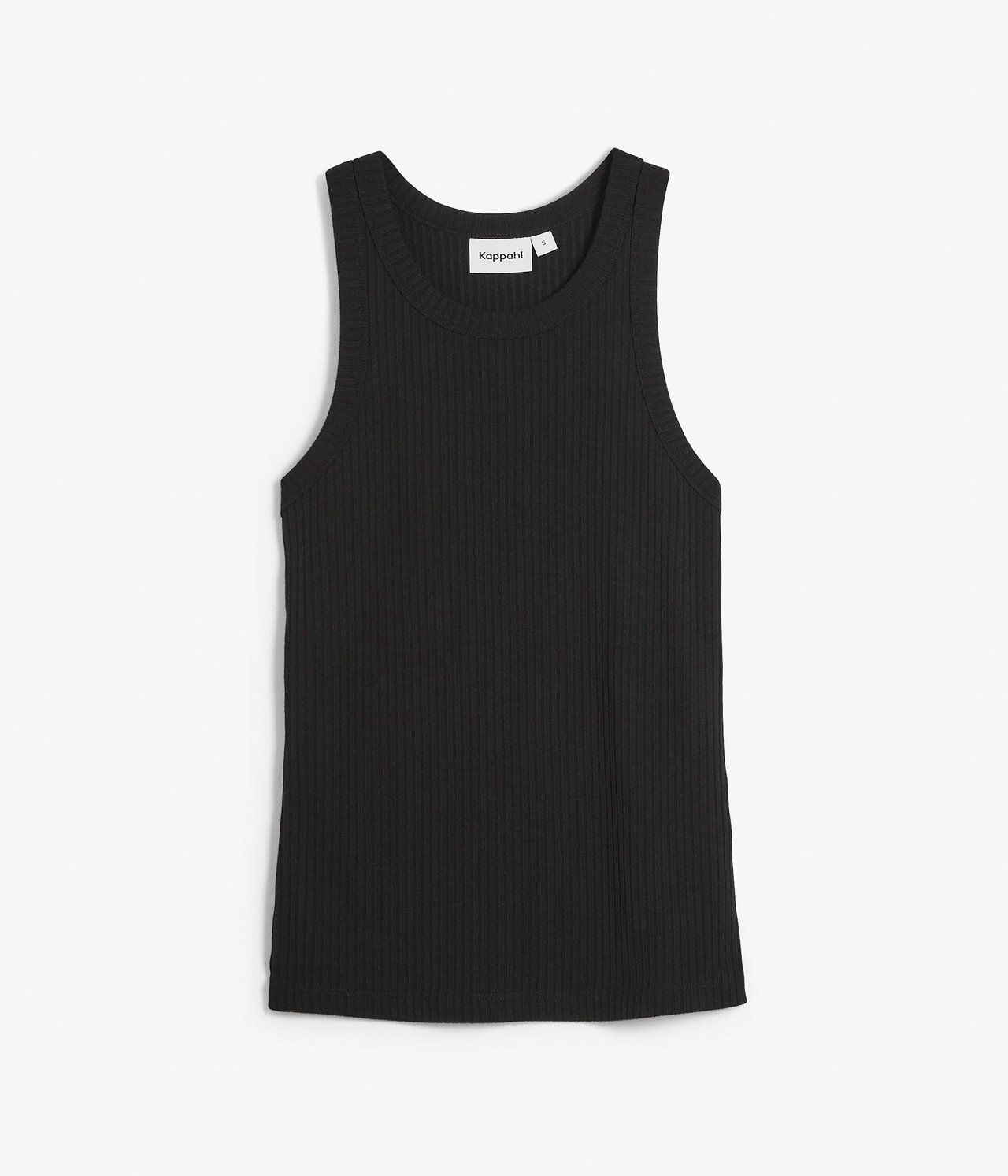 Frontvisning av en svart ribbet singlet med rund hals.