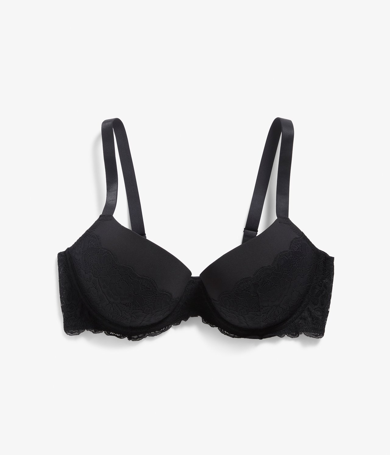 Frontvy av en svart push-up BH med spetsdetaljer på kupor och band.