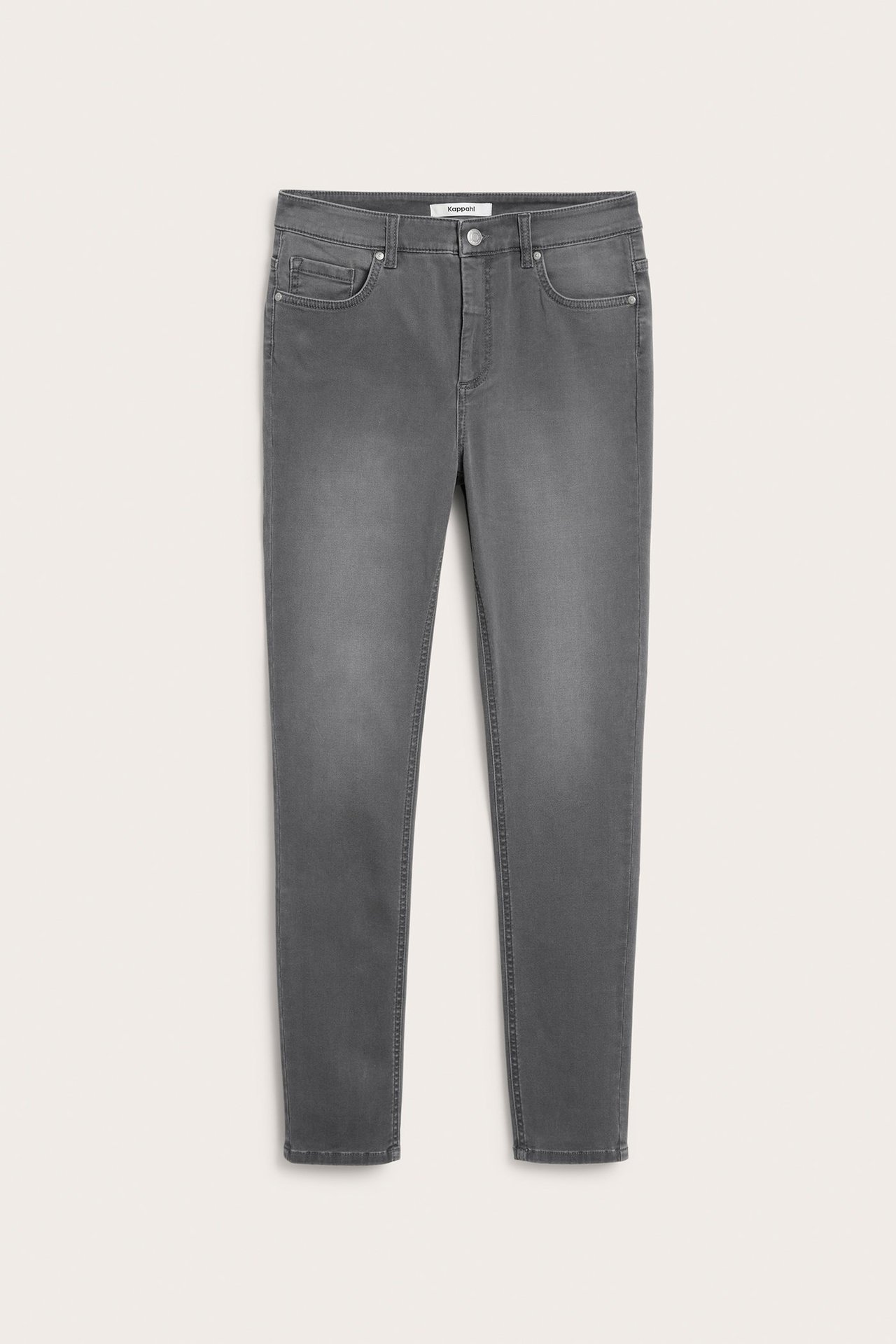 Edestä näkymä harmaista denim super slim korkeavyötäröisistä farkuista, viisi taskua, nappikiinnitys.