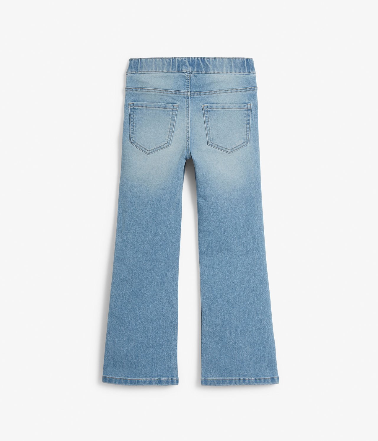 Bakifrån, ljusblå bootcut jeggings för barn med resår i midjan och två bakfickor.